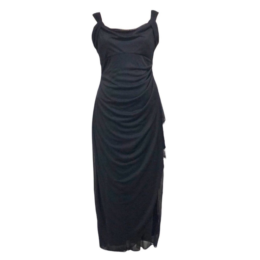 NWT Alex Evenings Gown Maxi Dress Size 10P Black Cowl Neck Cascading Ruch Side